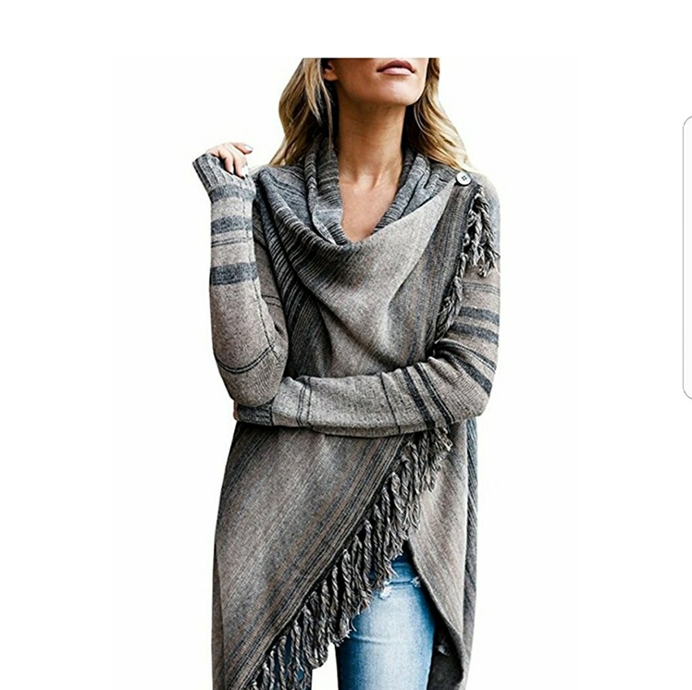 BECHET Grey Striped Boho Fringe Poncho Sweater - Picture 3 of 8